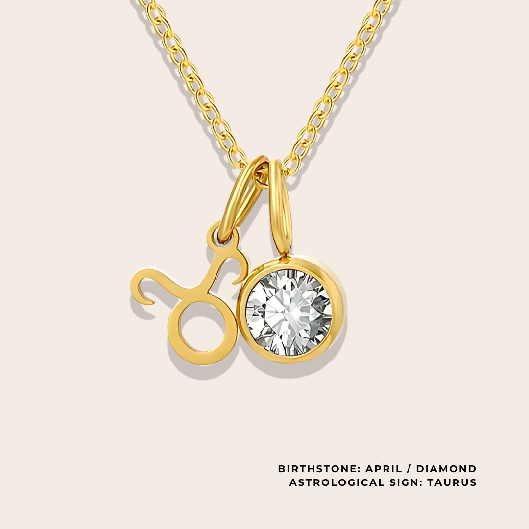 Astrological Birthstone Pendant April. Crafted from stainless steel and available in luxurious 14K gold, sleek silver, or rose gold plating, this necklace features your zodiac sign alongside your birthstone.