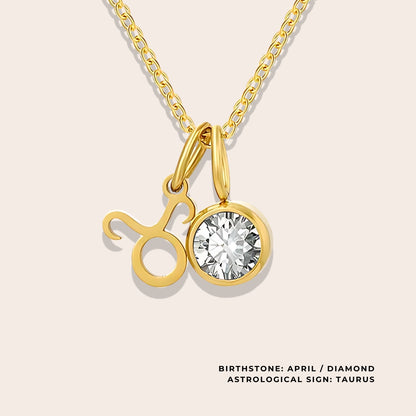 Astrological Birthstone Pendant April. Crafted from stainless steel and available in luxurious 14K gold, sleek silver, or rose gold plating, this necklace features your zodiac sign alongside your birthstone.