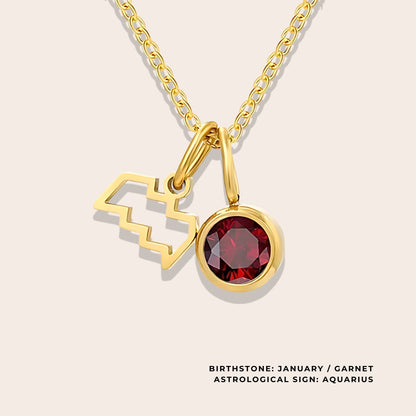 Astrological Birthstone Pendant January. Crafted from stainless steel and available in luxurious 14K gold, sleek silver, or rose gold plating, this necklace features your zodiac sign alongside your birthstone.