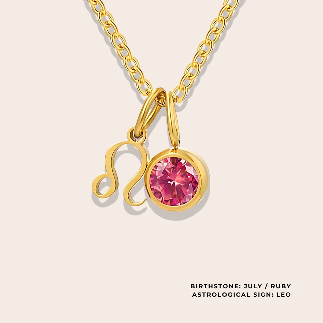 Astrological Birthstone Pendant July. Crafted from stainless steel and available in luxurious 14K gold, sleek silver, or rose gold plating, this necklace features your zodiac sign alongside your birthstone.