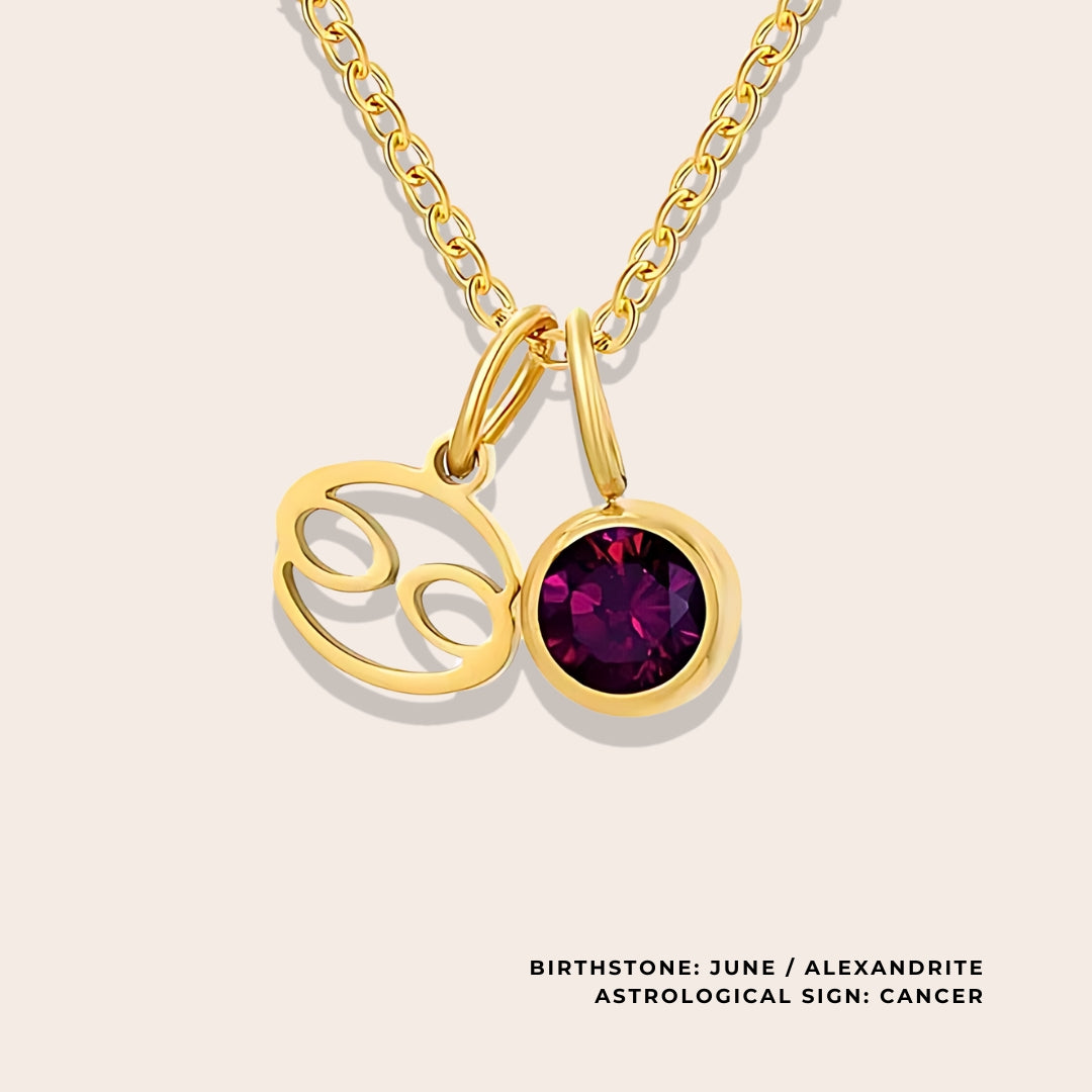 Astrological Birthstone Pendant June. Crafted from stainless steel and available in luxurious 14K gold, sleek silver, or rose gold plating, this necklace features your zodiac sign alongside your birthstone.