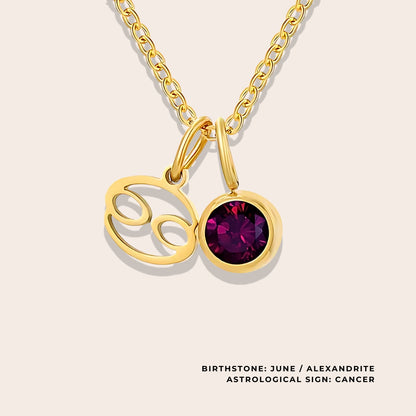 Astrological Birthstone Pendant June. Crafted from stainless steel and available in luxurious 14K gold, sleek silver, or rose gold plating, this necklace features your zodiac sign alongside your birthstone.