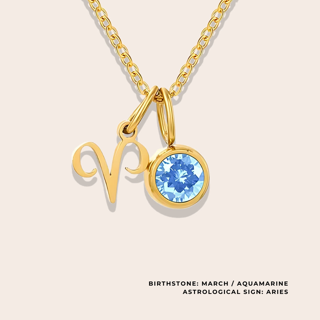 Astrological Birthstone Pendant March. Crafted from stainless steel and available in luxurious 14K gold, sleek silver, or rose gold plating, this necklace features your zodiac sign alongside your birthstone.