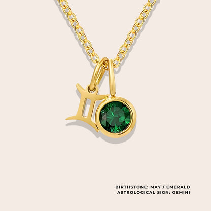 Astrological Birthstone Pendant May. Crafted from stainless steel and available in luxurious 14K gold, sleek silver, or rose gold plating, this necklace features your zodiac sign alongside your birthstone.