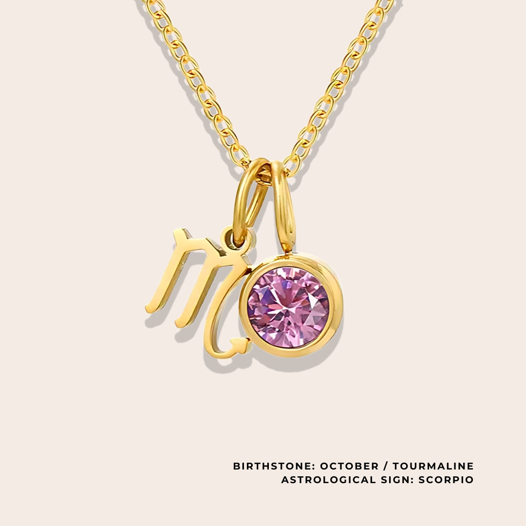 Astrological Birthstone Pendant October. Crafted from stainless steel and available in luxurious 14K gold, sleek silver, or rose gold plating, this necklace features your zodiac sign alongside your birthstone.