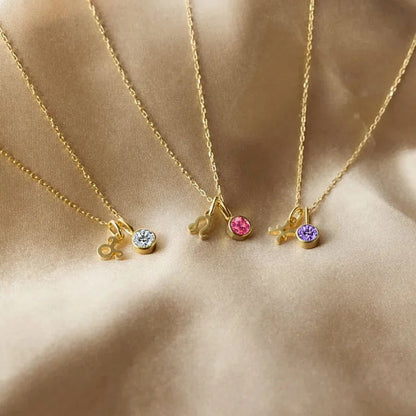 Astrological Birthstone Pendants. Crafted from stainless steel and available in luxurious 14K gold, sleek silver, or rose gold plating, this necklace features your zodiac sign alongside your birthstone.