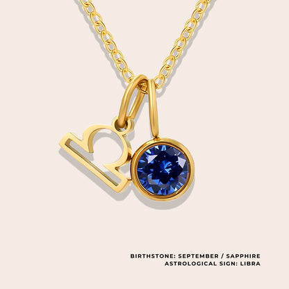 Astrological Birthstone Pendant September. Crafted from stainless steel and available in luxurious 14K gold, sleek silver, or rose gold plating, this necklace features your zodiac sign alongside your birthstone.