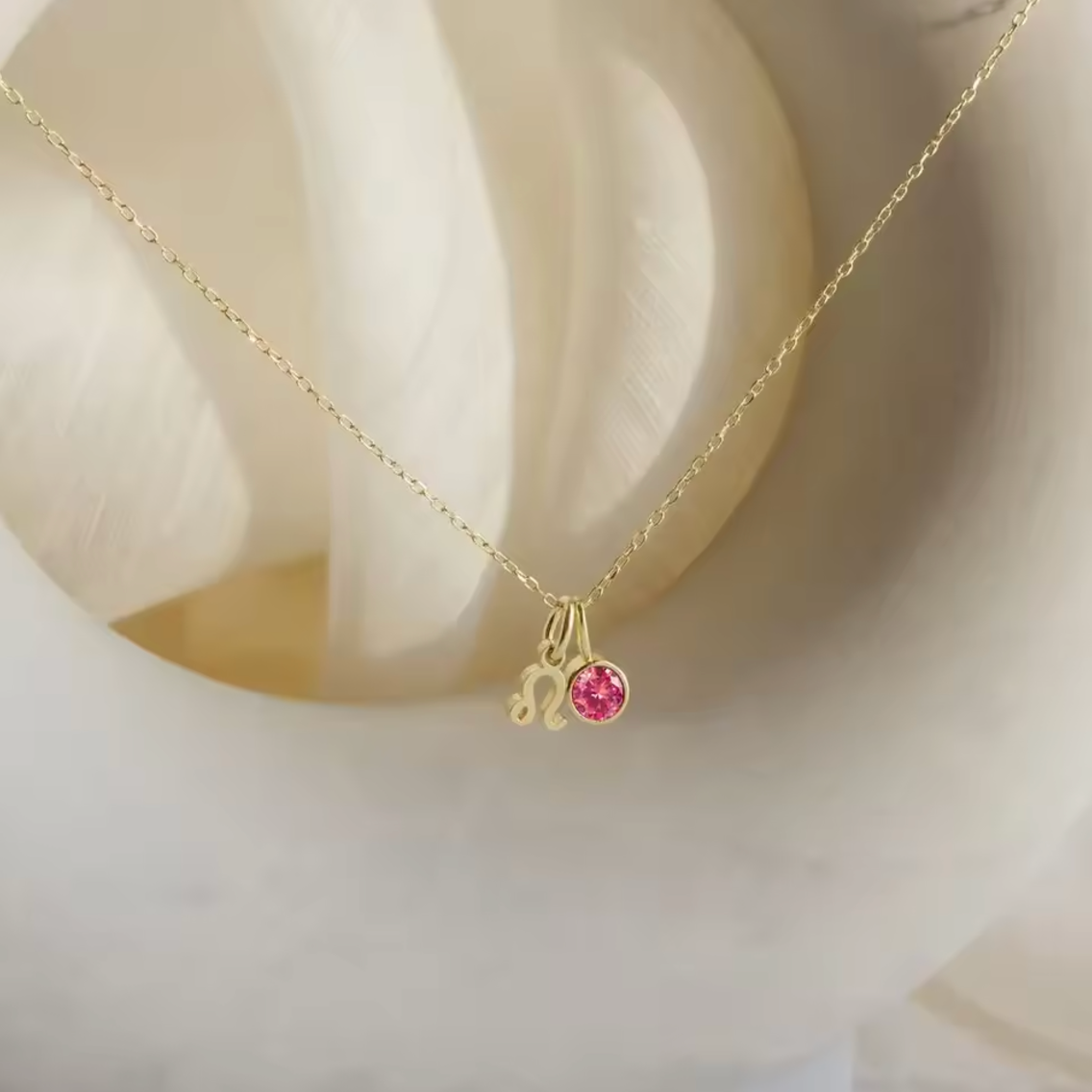 Close up of Astrological Birthstone Pendant. Crafted from stainless steel and available in luxurious 14K gold, sleek silver, or rose gold plating, this necklace features your zodiac sign alongside your birthstone.