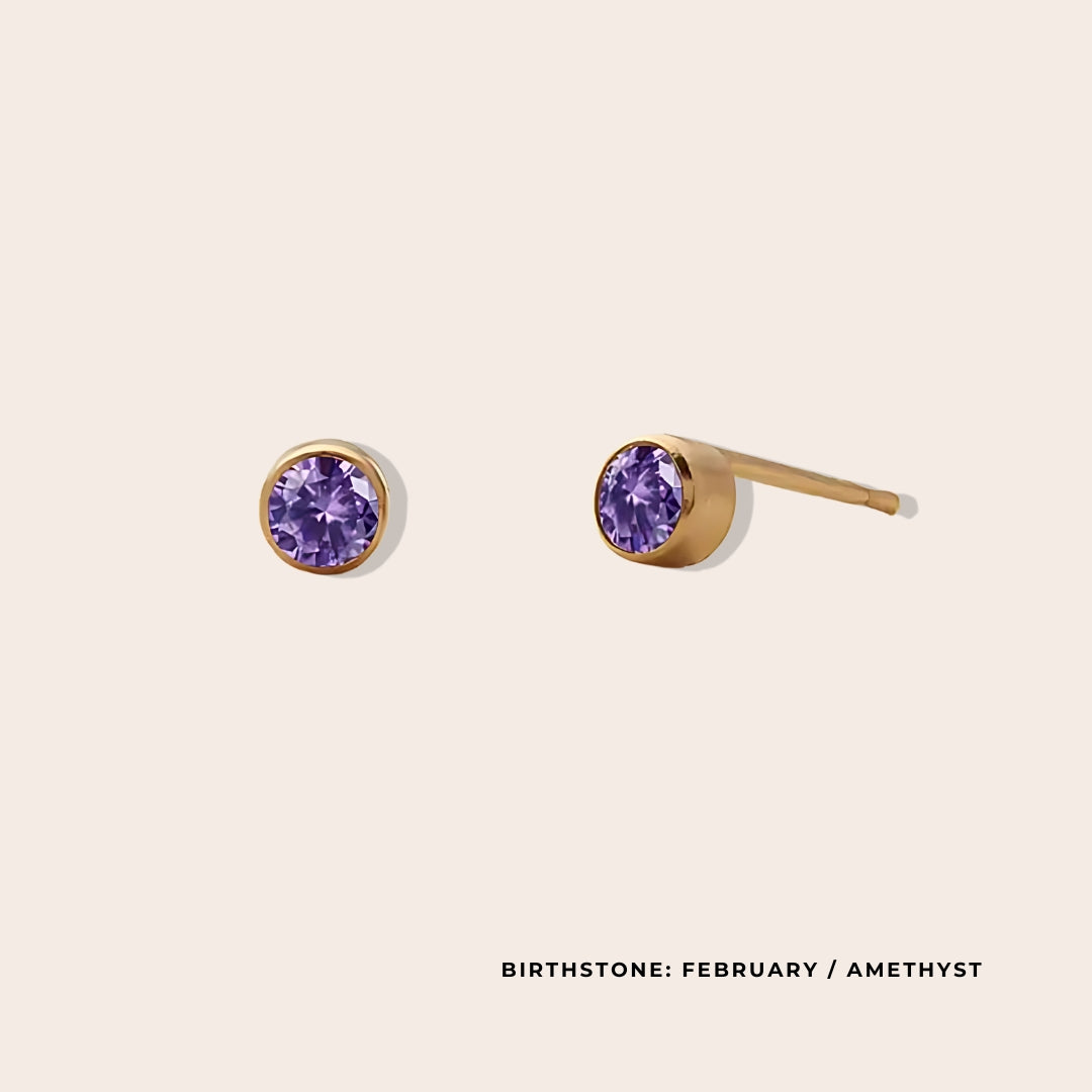 Birthstone Classic Studs February. Made from stainless steel and available in luxurious 14K gold, sleek silver, or rose gold plating, these stunning earrings feature Swarovski style crystals.