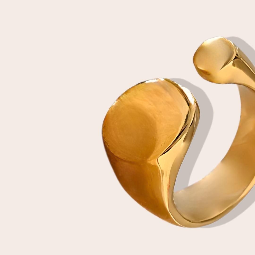 Close up of Briar Bifacial Signet Ring. Crafted from stainless steel and luxuriously plated in real gold.