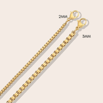 Brynn Box Chain Bracelet. Made with stainless steel and 14K plated gold. Size comparison.