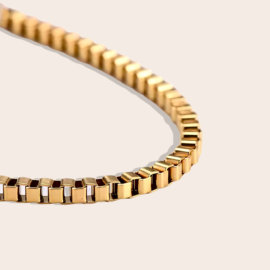 Close up of Brynn Box Chain Bracelet. Made with stainless steel and 14K plated gold.