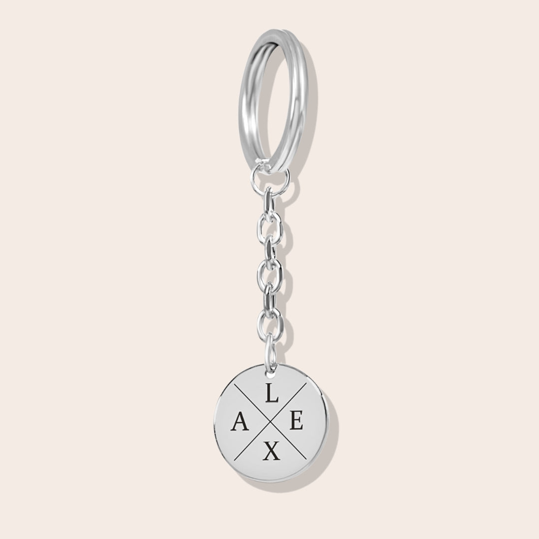 Personalized Couples Initials Coin Keychain in silver.