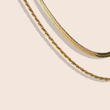 Dawn Dual Chain Necklace, close up. 18K PVD Gold Stainless Steel.