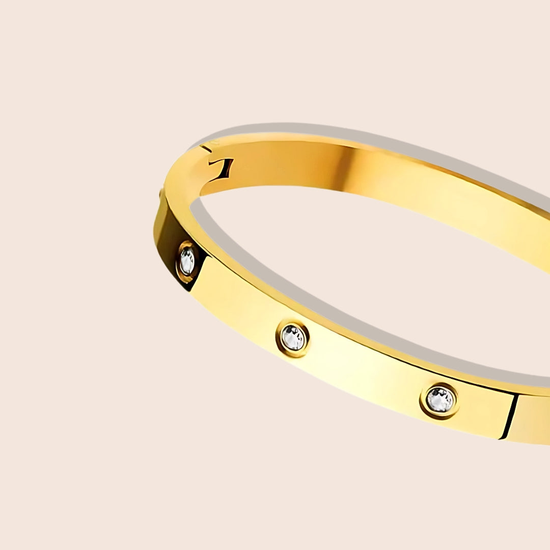 Harlow Hinged Bangle in gold, a dazzling fusion of sleek stainless steel and twinkling zircon stones. Close up.