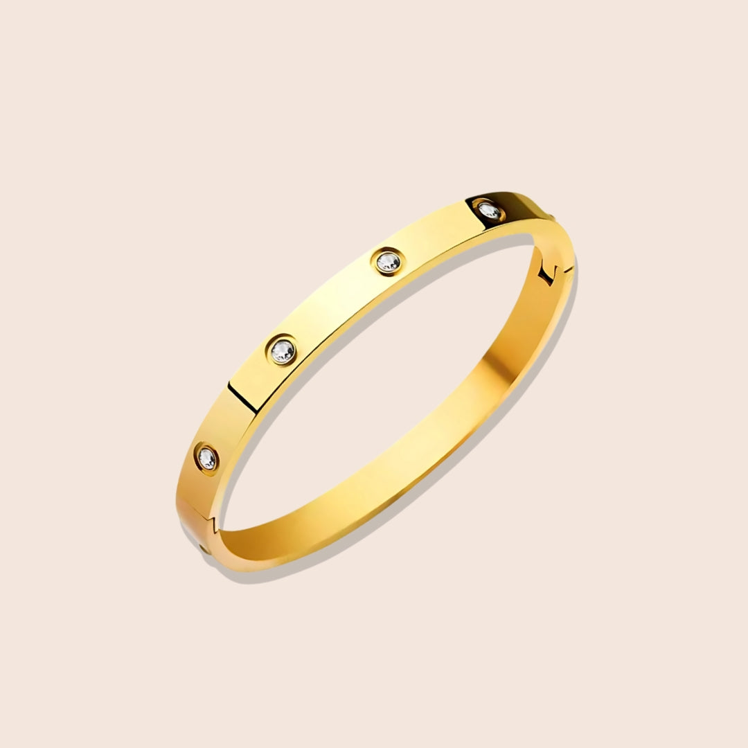 Harlow Hinged Bangle in gold, a dazzling fusion of sleek stainless steel and twinkling zircon stones.