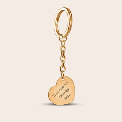 Personalized Initials Heart Keychain in gold. Custom messaging available on back.