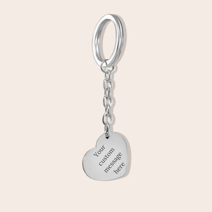 Personalized Initials Heart Keychain in silver. Custom messaging available on back.