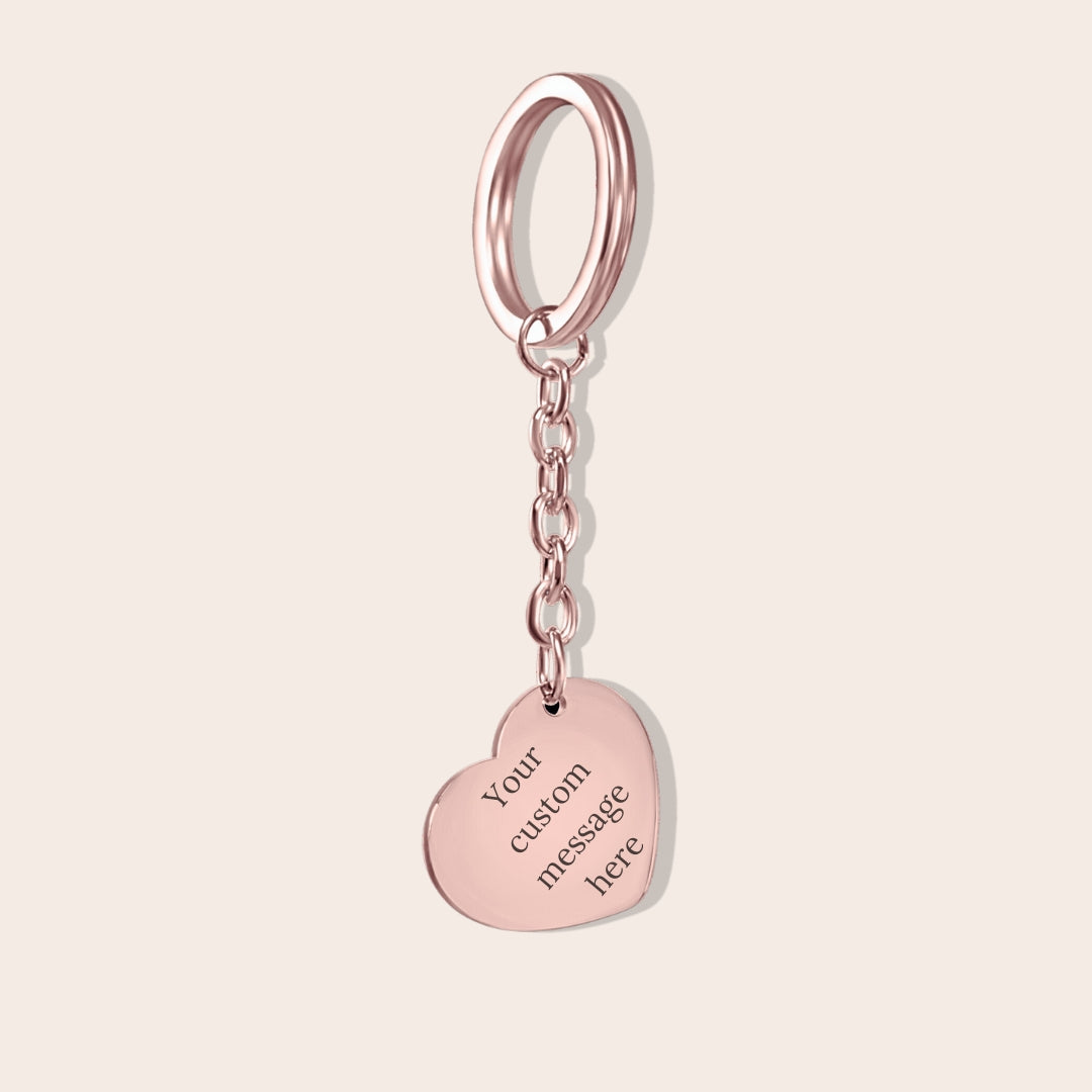 Personalized Initials Heart Keychain in rose gold. Custom messaging available on back.