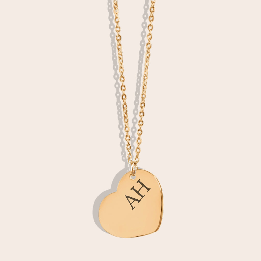 Personalized Initials Heart Necklace Gold. Initials placed on the right side.