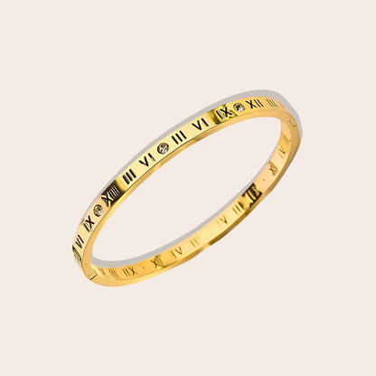 Crafted from stainless steel, this hinged bangle features eye-catching Roman numerals and sparkling zircon stones. In gold.