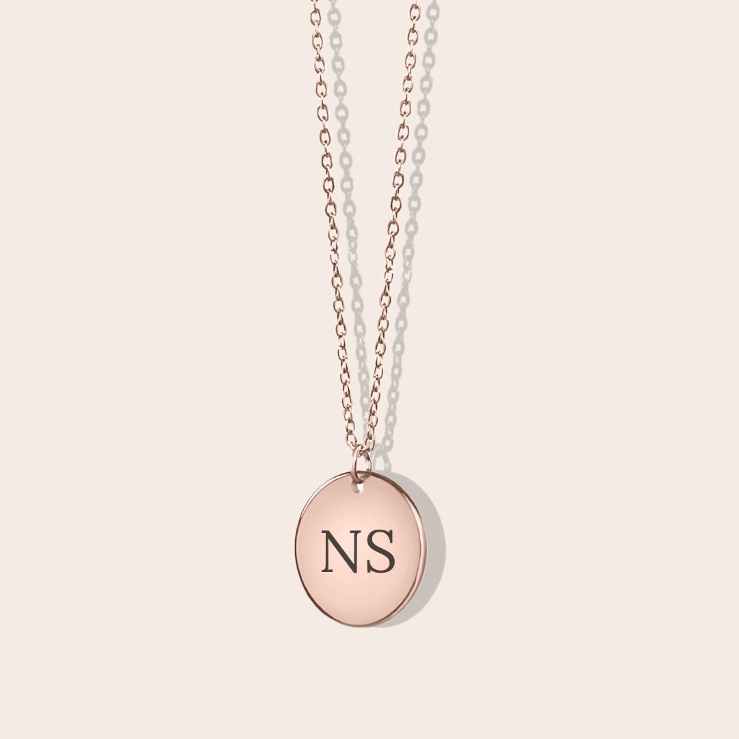 Initials Coin Necklace in rose gold. Laser engraving available on back side.