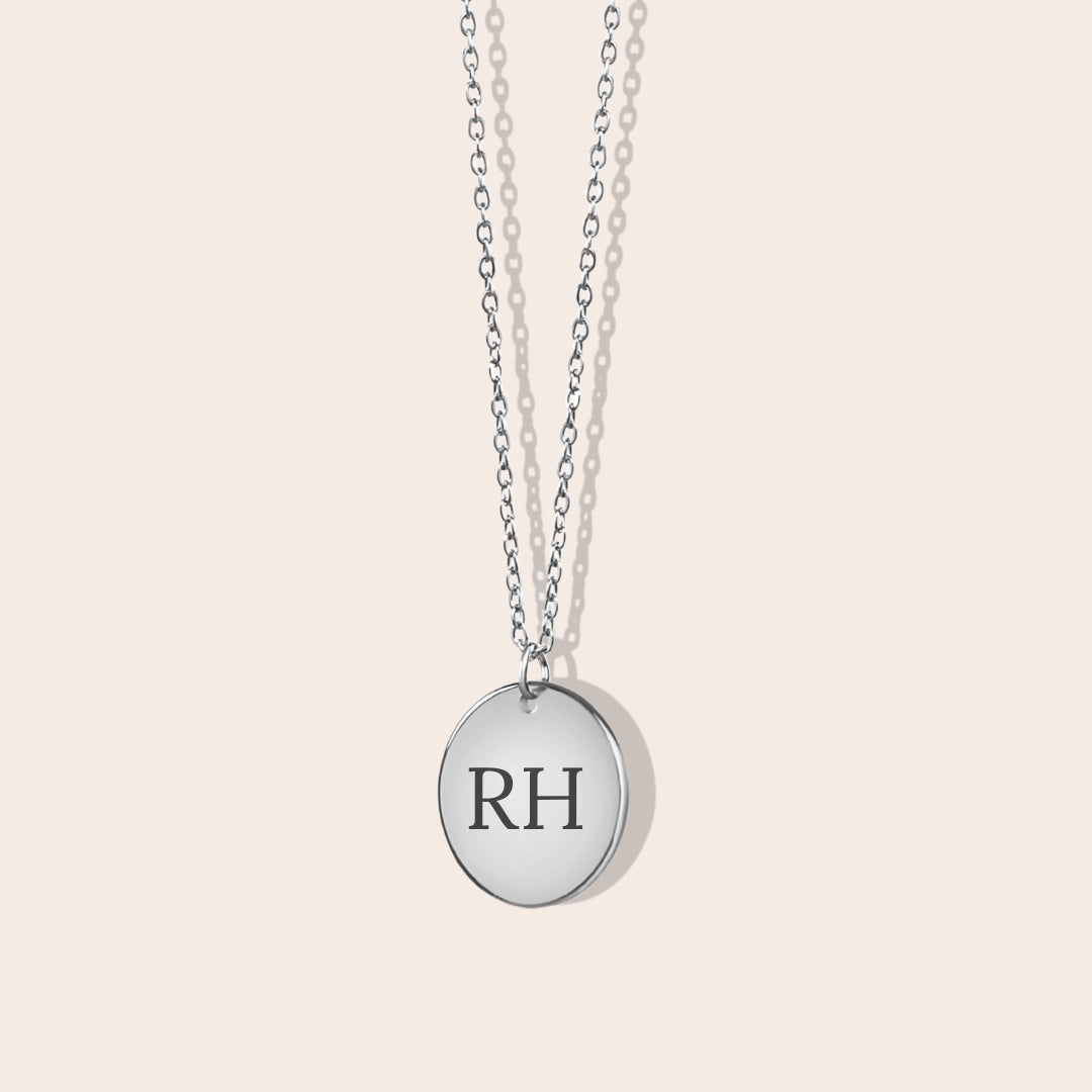 Initials Coin Necklace in silver. Laser engraving available on back side.