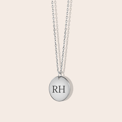 Initials Coin Necklace in silver. Laser engraving available on back side.