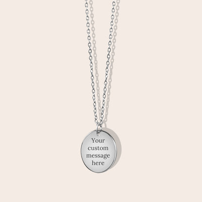 Initials Coin Necklace in silver. Laser engraving with custom messaging available on back side.