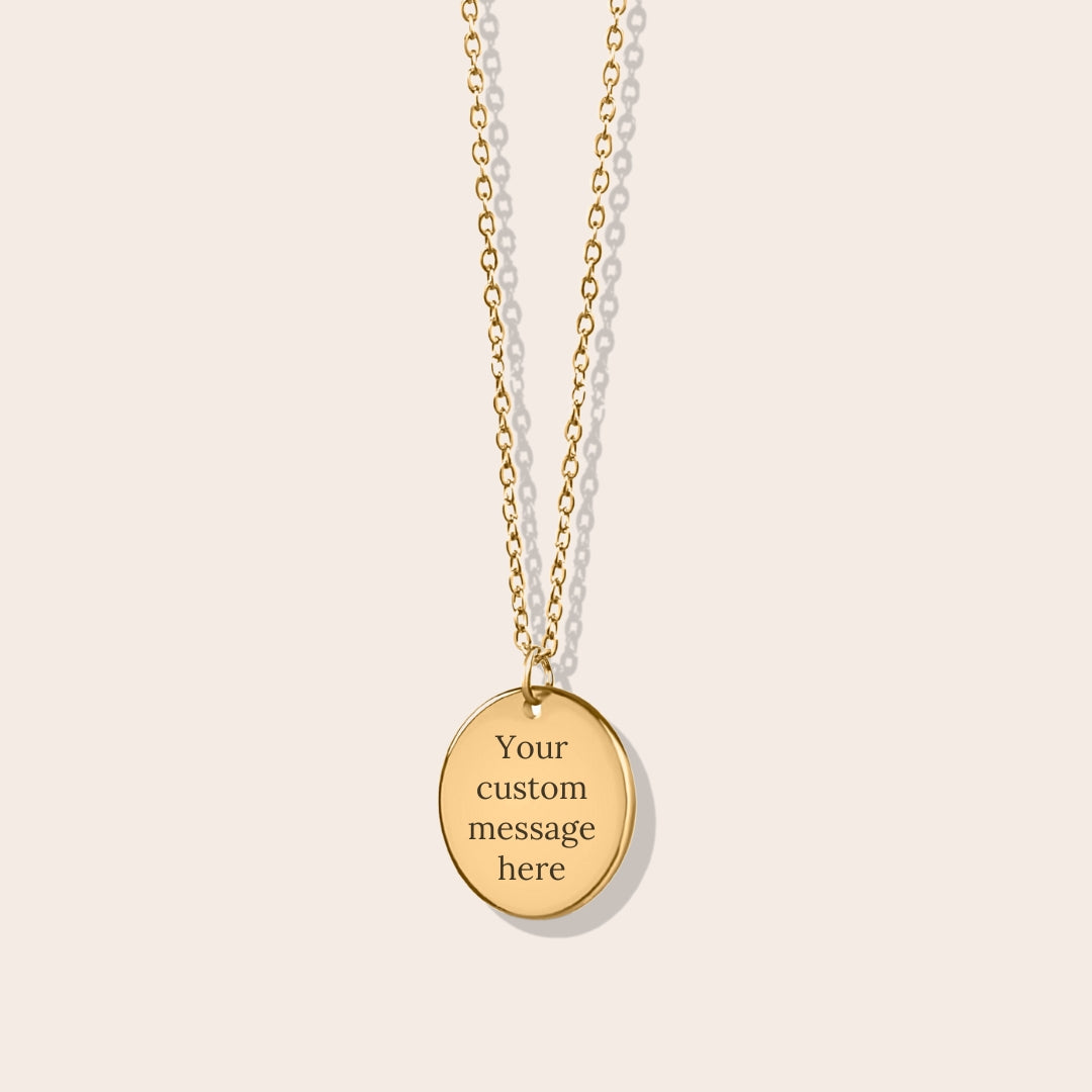 Initials Coin Necklace in gold. Laser engraving with custom message available on back side.