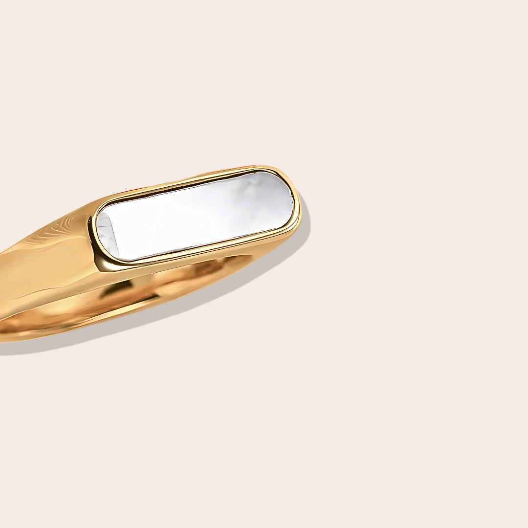 Close up of Svea Signet Ring, a sleek and stylish piece made from stainless steel.