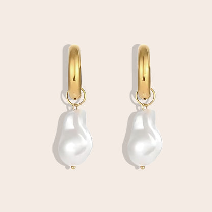 Stainless steel PVD plated pearl drop earrings.